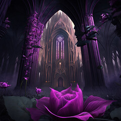 Monastery, church, purple flowers, flowery ancient castle, generative AI