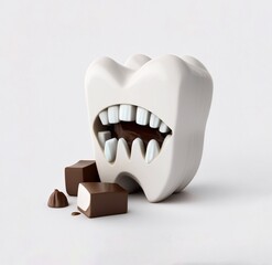 A tooth in 3d style that eats chocolate, is sad, cries, hurts. Healthy food concept