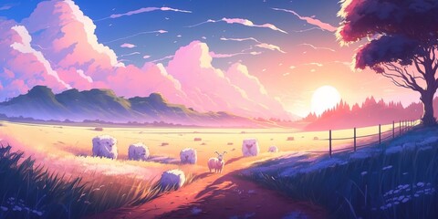 Flock of sheep in Meadow landscape, sunset, dusk. Anime style watercolor as background. illustration painting. Generative AI.