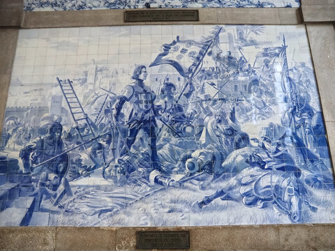 Inside famous Sao Bento railway station in Porto Portugal with beautiful tiles or Azulejos