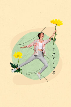 Banner poster creative collage of funky beautiful lady flying air on yellow daisy enjoy spring holiday 8 march