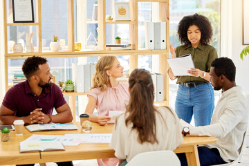 Obraz premium Business meeting presentation, people and speaker with proposal document, KPI report or paperwork. Team leader, manager or woman talking for motivation, strategy and company project planning goal
