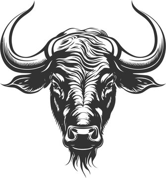 Fierce and powerful black and white isolated buffalo head silhouette illustration.