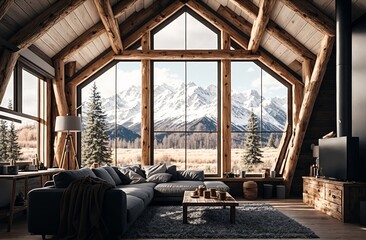 Plakat Illustration of the interior of a cozy mountain house with pentagonal wooden windows. Created using Generative AI technology.