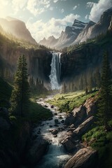 Vertical image of a waterfall flowing down from rocky cliff under cloudy sky. Generative AI - obrazy, fototapety, plakaty
