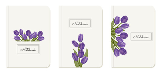 Cover notebook collection. Templates with purple watercolor tulips for diaries, books, magazines, diaries, catalogs, planners and flyers. Vector layouts.