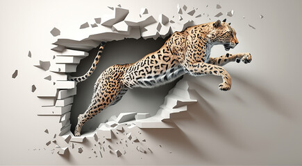 A spotted leopard jumps out of a hole in a ruined white wall - aI generated - obrazy, fototapety, plakaty
