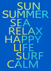 Poster, blue background with text, with color gradients, referring to the concept of summer. Vertical design.