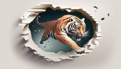 An angry tiger jumps out of a hole in the wall - aI generated - obrazy, fototapety, plakaty