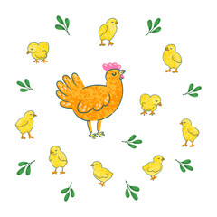 Vector Colorful Illustration of Hen with Small Yellow Chickens Isolated on White Background