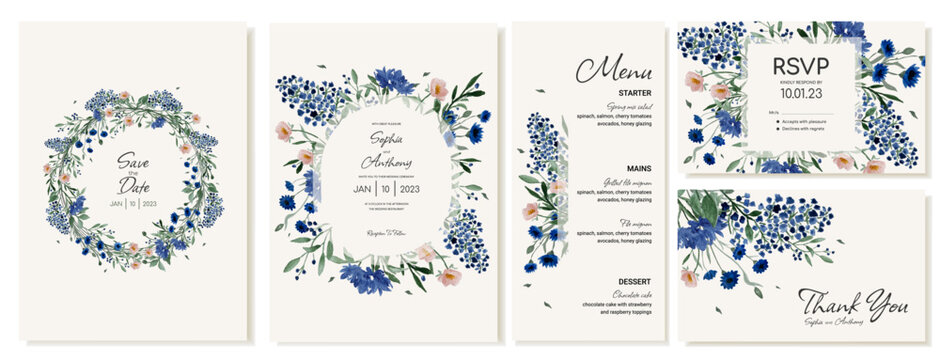 Wedding invitations, menu, thank you card and RSVP in rustic style with wildflowers. Vector template