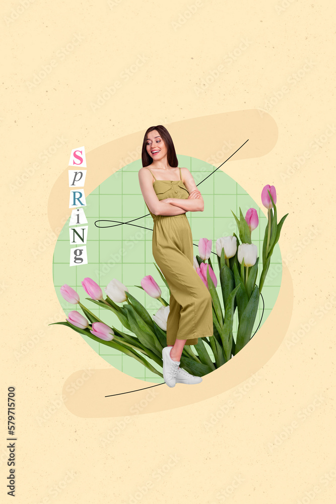 Sticker Creative template picture collage of beautiful young lady crossing hands enjoy spring sales tulips flowers