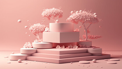 3D background, pink podium display. Sakura pink flower falling. Cosmetic or beauty product promotion step floral, pastel pedestal. Abstract minimal advertise. 3D render copy space spring mockup