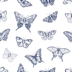 Seamless etched handdrawn pattern, butterflies print. Vintage drawn texture design, repeating monochrome background. Engraved moths, insects in retro style. Vector illustration for textile, fabric