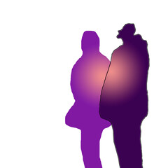 Abstract silhouettes of a man and a woman in love. Digital pattern in pink-purple gradient with a peach circle in the middle as a symbol of tenderness. Creative design for a cute Valentine's Day decor