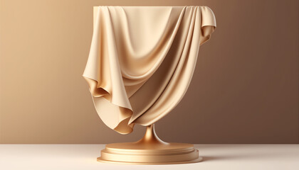 3D display podium, beige background with pedestal and flying color silk cloth curtain. Nature wind. Beauty, cosmetic product presentation stand. Luxury feminine mockup 3d render advertisement