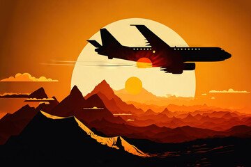 Airplane taking off at sunset. Silhouette of a big passenger or cargo aircraft, airline flying. Generative ai