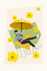 Photo collage artwork minimal picture of funny funky guy flying parasol flower rain isolated drawing background