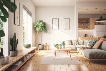 Fototapeta na wymiar The illustration depicts a modern, well-lit apartment generated by Ai