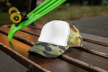 Trucker cap, snapback, camo with white front, camo mesh. In location on playground. Mock-up for branding 