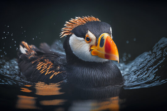 Tufted Puffin bird on water close-up. Isolated on blurred background. Stunning birds and animals in nature travel or wildlife photography made with Generative AI