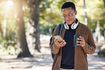 Black man, phone or coffee on campus, park nature or garden for social media, internet research or class schedule. Smile, happy or student on mobile technology for learning growth with takeaway tea