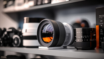 Fototapeta na wymiar Camera lenses on a shelf in a tech store - generative AI