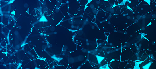 Colored polygonal space. Connection dots and lines structure. Digital background. Triangular futuristic business wallpaper. Data technology and scientific illustration. 3d rendering. Widescreen