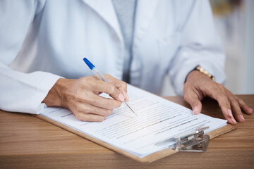 Doctor, woman hands and reading documents on clipboard of monkeypox research, consulting report and planning. Closeup medical worker writing healthcare paperwork for planning, administration and test