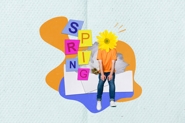 Creative collage portrait of fresh daisy flower instead head guy sit spring greeting postcard isolated on painted background
