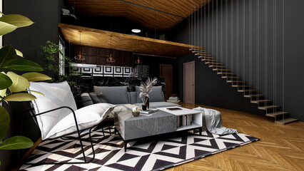 Modern loft living room interior with dark gray wall and wooden floor, 3d rendering 