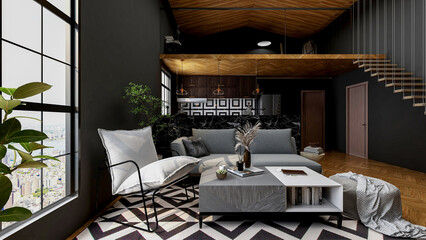 Modern loft living room interior with dark gray wall and wooden floor