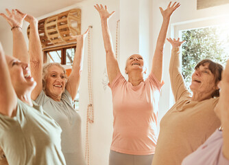 Fitness, success and senior women with their hands up in celebration after yoga or pilates training...
