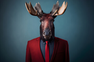 The Majestic Moose in a Handsome Red Suit, A Creative Valentine's Day Stock Image of Animals in Red Suit. Generative AI 