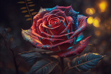 Mystical glowing red rose close-up. Isolated on dark blurred background or night. Stunning plants and flowers in nature travel or wildlife photography made with Generative AI