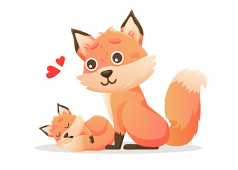 Cartoon mom and child foxes. Vector holiday illustration on white isolated background. Happy mothers day.