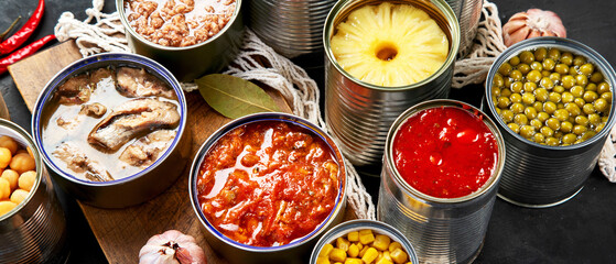 Canned vegetables, beans, fish and fruits in tin cans on black background. Food stocks.