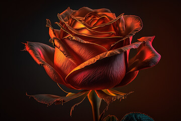 Mystical glowing red rose close-up. Isolated on dark blurred background or night. Stunning plants and flowers in nature travel or wildlife photography made with Generative AI