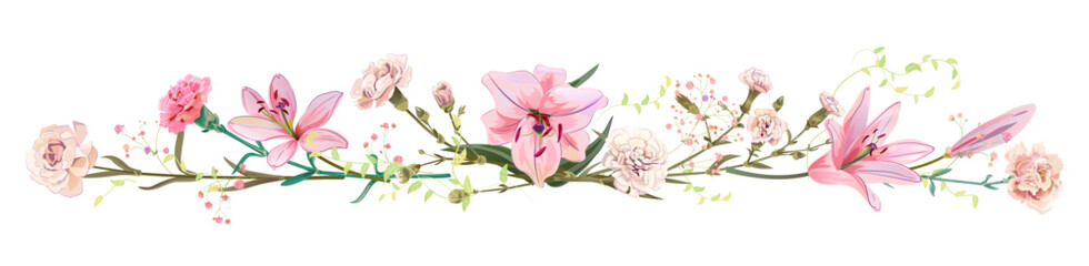 Fototapeta na wymiar Panoramic view: bouquet of carnation, lilies, spring blossom. Horizontal border: light flowers, buds, leaves on white background. Realistic digital illustration in watercolor style, vintage, vector