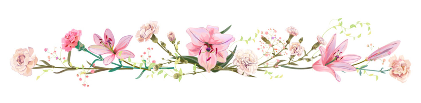 Panoramic view: bouquet of carnation, lilies, spring blossom. Horizontal border: light flowers, buds, leaves on white background. Realistic digital illustration in watercolor style, vintage, vector