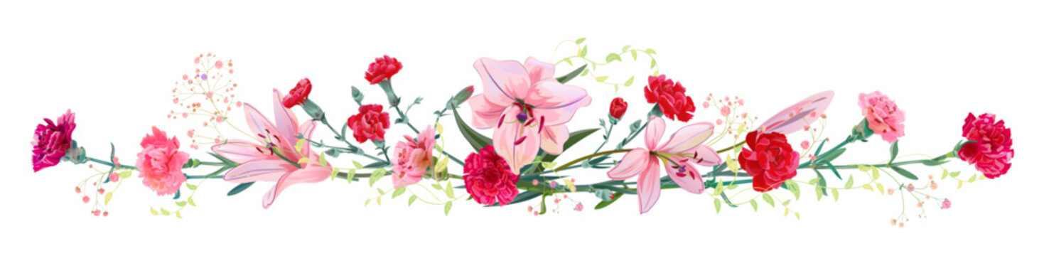 Panoramic view: bouquet of carnation, lilies, spring blossom. Horizontal border: bright flowers, buds, leaves on white background. Realistic digital illustration in watercolor style, vintage, vector