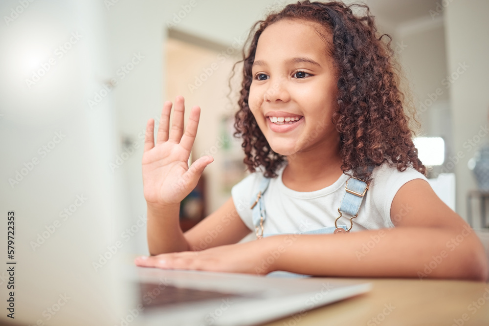 Aufkleber elearning, video call and child with laptop in online class wave hello for learning, education and k