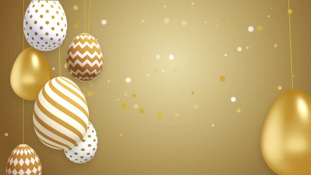 Golden Easter eggs with patterns hang on strings. Shiny gold particles on yellow background. Looped holiday animation.