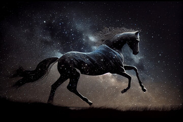 Horse of stars and fog in the night sky. AI generated