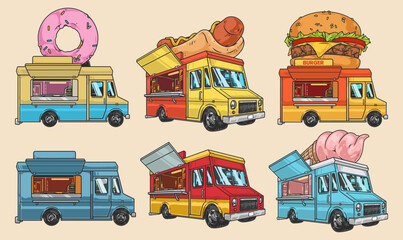 Food trucks stickers set colorful