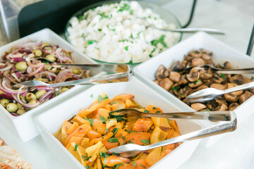 Catering food for wedding party with meat and vegetables on table. Healthy food on the table. Healthy food concept. Soft focus.