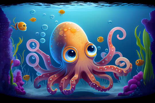 Portrait of a cute little octopus. AI generated