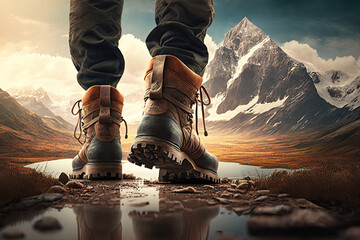Hiking boots in mountain landscape. Close up of tourist standing on the ground in trekking boots. Adventures and discoveries in nature, active recreation. Created with Generative AI