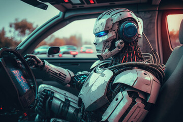 Fototapeta na wymiar Robot drivinf car like a human. Futuristic technology. Autonomous vehicle is moving towards its destination. Created with Generative AI