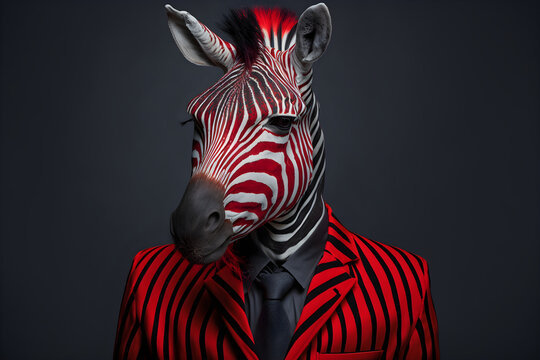 Sharp-Dressed Stripes: A Zebra in a Red Suit, A Creative Valentine's Day Stock Image of Animals in Red Suit. Generative AI 